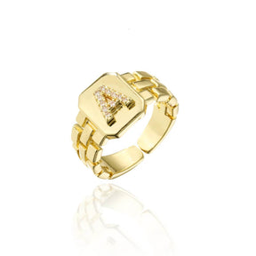 Anel Ajustável em Ouro 18k com Letra Cravejada