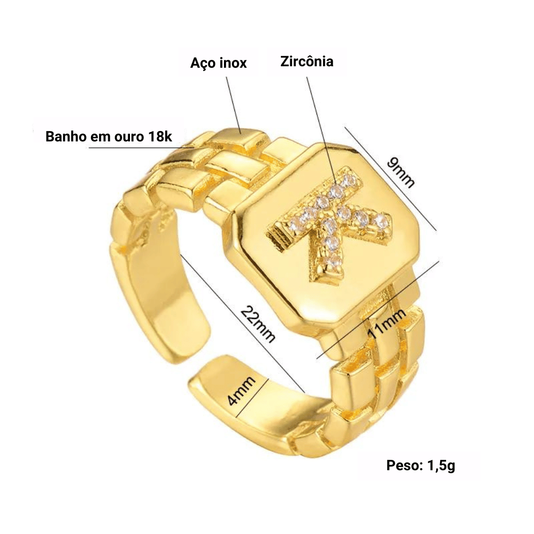Anel Ajustável em Ouro 18k com Letra Cravejada