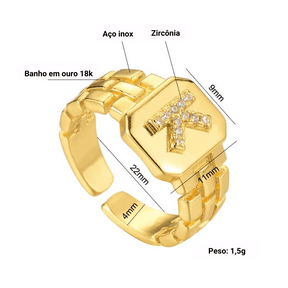Anel Ajustável em Ouro 18k com Letra Cravejada